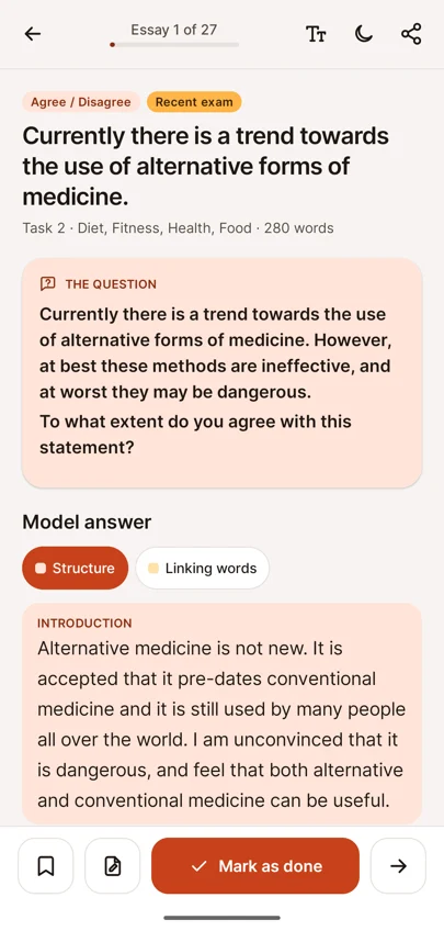 Task 2 essay sample showing the question, the model answer and highlight toggles