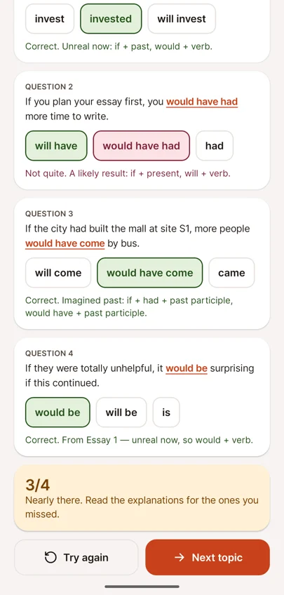 Quiz result 3 of 4 with Try again and Next topic