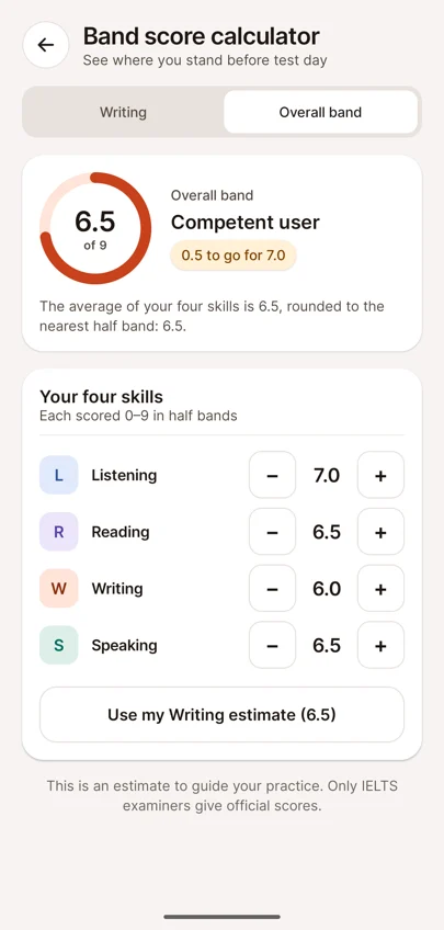 Overall band 6.5 with Use my Writing estimate