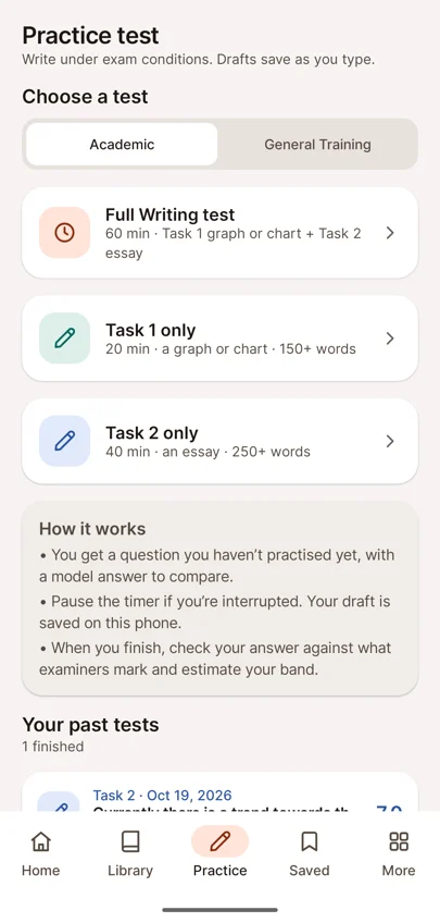 Practice screen with full test, Task 1 and Task 2 options