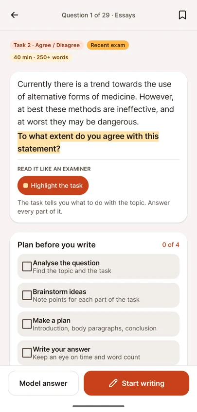 Question page with Highlight the task and the writing plan