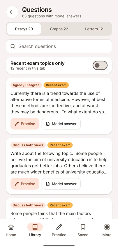 Question bank with Essays, Graphs and Letters tabs
