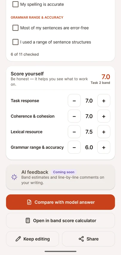 Compare with model answer and band calculator buttons