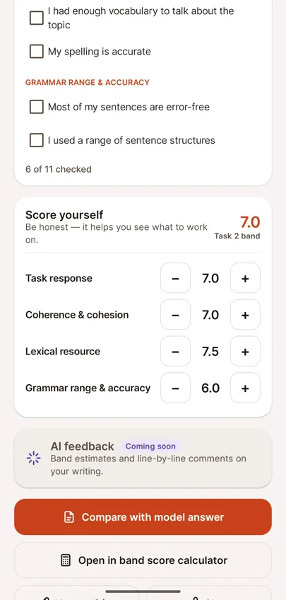 Score yourself on four criteria with a Task 2 band of 7.0