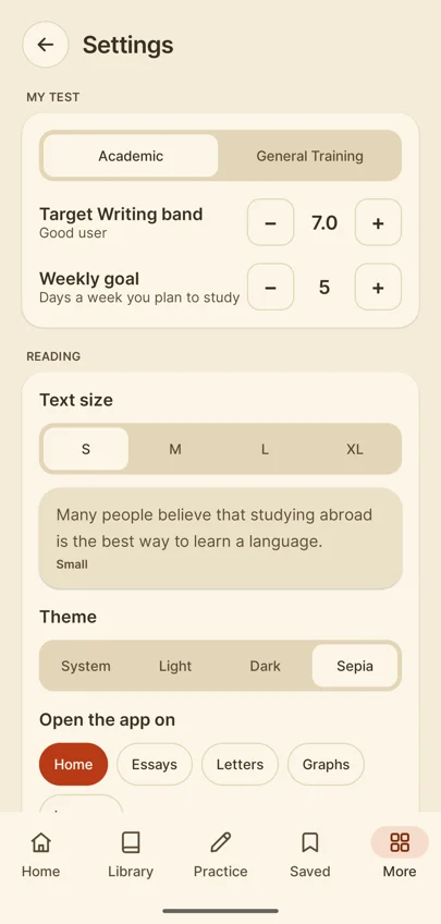 Settings in Sepia theme