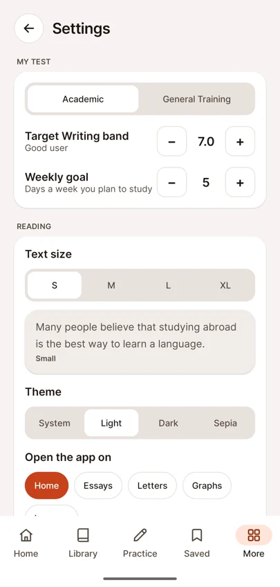 Settings with test type, target band, text size and theme